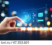 Современные технологии. Рука нажимает на ярлык электронной почты на экране планшетного компьютера. Стоковое AI-изображение, AI-художник Руслан Лесков / Фотобанк Лори