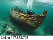 Underwater scene with a diver exploring a sunken ship. The ship's hull is covered in rust, fouling and traces of time, lying on the seabed at an angle. Light penetrating through the thickness of the water softly illuminates the details of the ship and the air bubbles rising from the diver. All around is silence, the sea depth and slight turbidity, creating an atmosphere of mystery and adventure. This place seems to preserve memories of long-forgotten stories. Стоковое AI-изображение, AI-художник Анна Кривицкая / Фотобанк Лори
