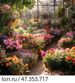 A cozy greenhouse filled with a variety of flowering plants in clay and plastic pots. The space is immersed in a wealth of colors: pink, orange, purple, white, scarlet, lilac and yellow flowers create a real symphony of nature. Light breaks through the glass roof, softly illuminating the leaves and petals, giving the atmosphere peace and joy. The entire space is permeated with aromas, life and warmth - you want to linger here, breathe deeply and simply enjoy the beauty. Стоковое AI-изображение, AI-художник Анна Кривицкая / Фотобанк Лори