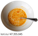 Small portion of traditional Bulgarian first course, shkembe chorba, is served in deep plate. Стоковое фото, фотограф Яков Филимонов / Фотобанк Лори