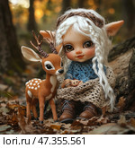 A charming doll in the form of a forest fairy or elf with long white hair braided into pigtails. She has large expressive eyes, freckles and pointed ears. She is dressed in a warm blue sweater, wrapped in a knitted blanket and sits among autumn leaves in the forest. Next to her stands a cute little deer - also in the style of a toy. The scene is permeated with fairy tales, coziness and warmth. Стоковое AI-изображение, AI-художник Анна Кривицкая / Фотобанк Лори
