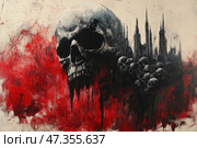 An expressive, dark painting in the dark art genre. The central element is a huge skull, painted with a strong contrast between black and white. It seems to dissolve in a red and black haze, turning into a mass of other skulls heading towards the ominous silhouette of a Gothic city or castle on the horizon. Bright red brushstrokes enhance the feeling of blood, horror, destruction. The composition evokes associations with the themes of death, war, apocalypse and inner darkness. Стоковое AI-изображение, AI-художник Анна Кривицкая / Фотобанк Лори