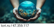 Protecting underwater ecosystems in a crystal globe during daytime. Две руки бережно держат сферический глобус с изображением подводной среды обитания. Красочные кораллы и рыбы плавают в этой безмятежной картине жизни океана, подчеркивая важность сохранения природы. Стоковое AI-изображение, AI-художник Katsiaryna Repich / Фотобанк Лори
