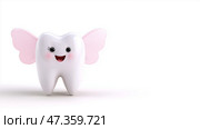 Tooth fairy character with cute design and cheerful expression copy space banner. Очаровательная зубная фея с розовыми крыльями и улыбающимся лицом на белом фоне. Идеально подходит для рекламы стоматологического здоровья детей и образовательных материалов. Стоковое AI-изображение, AI-художник Katsiaryna Repich / Фотобанк Лори