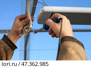 Ceiling-mounted infrared heater in the greenhouse. Wiring of the electric cable in the protective tube. Tinning of wire contacts. Men's hands with a soldering iron. Стоковое фото, фотограф Роман Дзюбало / Фотобанк Лори