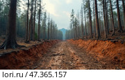 Depleted Forest Landscape Showing Barren Earth and Scorched Trees in a Remote Area During Twilight. Dry Soil with Dead Trees. Soil Degradation. Стоковое AI-изображение, AI-художник Sergey Grishin / Фотобанк Лори