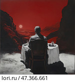 The dark, symbolic painting depicts a man seated at a round table covered with a snow-white tablecloth. He is alone, from behind, against an alien or nightmarish landscape bathed in a blood-red light. In front of him is a deserted valley with a solitary sun or moon on the horizon. His figure is in shadow, which reinforces the atmosphere of loneliness, anxiety and philosophical detachment. The setting at the table is formal, almost theatrical, as if the scene were an allegory. Стоковое AI-изображение, AI-художник Анна Кривицкая / Фотобанк Лори