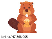 A brown beaver gnaws at a tree to build a dam. Стоковая иллюстрация, иллюстратор Вячеслав Беспутин / Фотобанк Лори