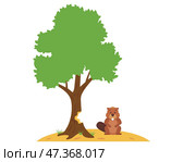 A brown beaver gnaws a tree to make a dam on the rivers. Стоковая иллюстрация, иллюстратор Вячеслав Беспутин / Фотобанк Лори