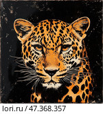 An artistic portrait of a leopard in a graphic style on a black background. The animal is depicted frontally, with an expression of strength and calm. Its golden fur with characteristic black spots stands out brightly against the background, emphasizing the wildness and grace of the predator. White whiskers, expressive eyes and symmetry of the composition give the image a powerful visual force. The overall style resembles a stencil or poster with elements of hand graphics - the image looks bold, stylish and even symbolic. Стоковое AI-изображение, AI-художник Анна Кривицкая / Фотобанк Лори