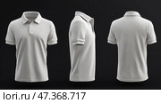 Stylishly Designed Gray Polo Shirt Mockup on grey background. Модная серая рубашка-поло с подробными изображениями передней, боковой и задней частей рубашки. Стоковое AI-изображение, AI-художник Katsiaryna Repich / Фотобанк Лори