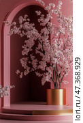 Elegant Cherry Blossom Arrangement in a Pink Alcove With a Golden Pot. Стоковое AI-изображение, AI-художник Юлия Гапеенко / Фотобанк Лори