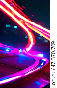 Brilliant waves of color weave together in an abstract display of luminescence during nightfall, capturing the essence of movement and energy in a mesmerizing spectacle Generative AI. Стоковое AI-изображение, AI-художник Юлия Петровская / Фотобанк Лори