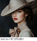 An elegant young woman in a vintage image, executed with striking realism, as if it were not a photograph, but an oil painting. Her face is softly illuminated, focusing attention on expressive blue eyes and perfectly contoured lips. On her head is a wide, textured hat in soft beige tones, perfectly combined with a lace collar and a luxurious bow at the base of the neck. The atmosphere of a refined era, an echo of the early 20th century. The portrait seems to immerse you in a world of nobility and discreet charm. Стоковое AI-изображение, AI-художник Анна Кривицкая / Фотобанк Лори