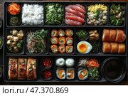 An impressively decorated Asian bento box, divided into many sections with a variety of dishes. The composition includes rolls, sushi, rice, greens, sliced ​​raw fish (sashimi), boiled eggs with soft yolks, fried dishes, pickled vegetables, sauces and side dishes. The color palette is bright and appetizing, conveying the richness of flavors and cultural diversity of Asian cuisine. Everything is neatly laid out and evokes associations with harmony, balance and gastronomic pleasure. Стоковое AI-изображение, AI-художник Анна Кривицкая / Фотобанк Лори