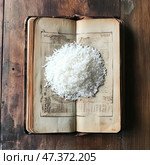 Unusual composition: an old book with yellowed pages, open on a wooden surface. In the center of the open pages lies a neat pile of white raw rice. The pages of the book contain illegible drawings or engravings, possibly of an architectural or anatomical nature. The contrast between ancient knowledge and the symbol of simplicity and survival - rice - creates a deep visual and philosophical image. Стоковое AI-изображение, AI-художник Анна Кривицкая / Фотобанк Лори