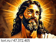 In a moment of joy, a smiling Jesus Christ radiates warmth and compassion, with a golden glow illuminating his face, symbolizing hope and divine love in a peaceful setting Generative AI. Стоковое AI-изображение, AI-художник Юлия Петровская / Фотобанк Лори