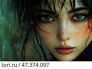 An atmospheric close-up of a girl's face with wet skin and strands of dark hair clinging to her forehead and cheeks. Her green eyes look straight into the camera, expressing a mixture of sadness, strength and deep thoughtfulness. The moisture on her skin and glass creates the effect of rain or tears. The lighting is soft, muted, with a green-turquoise hue that emphasizes the emotion and mood. The image perfectly conveys vulnerability, strength, beauty and cinematic drama. Стоковое AI-изображение, AI-художник Анна Кривицкая / Фотобанк Лори