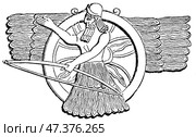 Winged Sun Disk with Deity (from an Assyrian Relief). Ancient Oriental art. Publication of the "Meyers encyclopedia", Vol. 7, Leipzig, Germany, 1910. Стоковое фото, фотограф Sergey Kohl / Фотобанк Лори