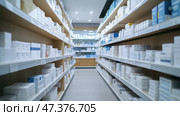 Well-organized pharmacy with neatly arranged shelves and products displayed. Хорошо организованная аптека с аккуратно расставленными полками и выставленными товарами. Стоковое AI-изображение, AI-художник Katsiaryna Repich / Фотобанк Лори
