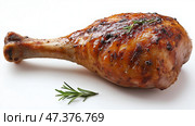 Succulent grilled chicken leg garnished with rosemary on a white plate. Сочная куриная ножка-гриль с гарниром из розмарина на белом блюде. Стоковое AI-изображение, AI-художник Katsiaryna Repich / Фотобанк Лори