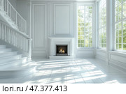 A luxurious, light space with tall floor-to-ceiling windows that let in soft daylight. The interior is done in a classic style: white walls with stucco, a fireplace with a carved portal, marble or glossy tiled floors, and an elegant spiral staircase. In the center of the room is a fireplace with a small burning fire, creating contrast and coziness in this refined, almost museum-like atmosphere. Outside the windows, you can see the greenery of a garden or park, which enhances the feeling of spaciousness and harmony with nature. Стоковое AI-изображение, AI-художник Анна Кривицкая / Фотобанк Лори