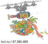 Quadrocopter delivering a bottle of wine and a shopping bag full of tasty foods for merry and noisy party. Стоковая иллюстрация, иллюстратор Alexey Bannykh / Фотобанк Лори