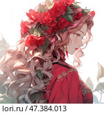 An elegant anime girl in profile, made in the style of an illustration with elements of Art Nouveau. She has long wavy hair with a pinkish tint, decorated with a large wreath of bright red roses and green leaves. The girl is dressed in a richly decorated red dress with gold thread embroidery. Her image is refined and romantic: earrings, a light blush, a gentle expression on her face - everything emphasizes femininity and grace. The light background makes the composition airy, and accents on flowers and fabric add sensuality and drama. Стоковое AI-изображение, AI-художник Анна Кривицкая / Фотобанк Лори