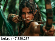 Amazon, Young female archer in jungle. Стоковое AI-изображение, AI-художник Михаил Коханчиков / Фотобанк Лори