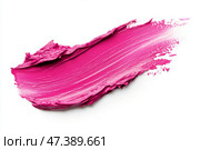 Glossy liquid lipstick smear smudge swatch isolated on white background. Cream makeup texture. Bright red color cosmetic product brush stroke swipe. Smudged red lip gloss. Makeup beauty sample cut out. Стоковое AI-изображение, AI-художник Марина Демидюк / Фотобанк Лори