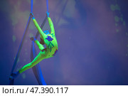 Belarus, Gomel, June 13, 2017 Palace of Culture, performance of the Abel Folk Circus,A girl dancing a dance on canvases.Children's sports. Girl gymnast. Straight tricks. Редакционное фото, фотограф Лазаренко Светлана / Фотобанк Лори