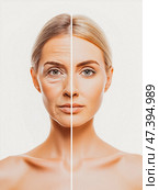 Comparison of the female face, aging and youth, The effect of cosmetology on the skin of the face. Стоковое AI-изображение, AI-художник Ирина Ручушкина / Фотобанк Лори