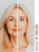 Comparison of the female face, aging and youth, The effect of cosmetology on the skin of the face. Стоковое AI-изображение, AI-художник Ирина Ручушкина / Фотобанк Лори
