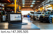 The car engine is being diagnosed in the Car Workshop. There are various SUVs in the garage. Стоковое AI-изображение, AI-художник Ирина Ручушкина / Фотобанк Лори