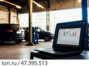 The car engine is being diagnosed in the Car Workshop. There are various SUVs in the garage. Стоковое AI-изображение, AI-художник Ирина Ручушкина / Фотобанк Лори