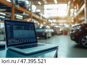 The car engine is being diagnosed in the Car Workshop. There are various SUVs in the garage. Стоковое AI-изображение, AI-художник Ирина Ручушкина / Фотобанк Лори