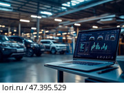 The car engine is being diagnosed in the Car Workshop. There are various SUVs in the garage. Стоковое AI-изображение, AI-художник Ирина Ручушкина / Фотобанк Лори