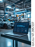 The car engine is being diagnosed in the Car Workshop. There are various SUVs in the garage. Стоковое AI-изображение, AI-художник Ирина Ручушкина / Фотобанк Лори