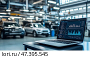 The car engine is being diagnosed in the Car Workshop. There are various SUVs in the garage. Стоковое AI-изображение, AI-художник Ирина Ручушкина / Фотобанк Лори