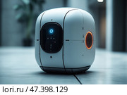 A futuristic device that resembles a compact robot or a high-tech capsule. Its smooth white body with black inserts has a rounded shape. On the front panel there is a digital interface with a blue backlight and a symbol resembling a currency sign. On the side there is a round element with an orange backlight, possibly a sensor or a port. The device stands on the floor in a modern room with a blurred background, creating the atmosphere of an innovative space or a laboratory of the future. Visually, the robot looks like part of a smart home ecosystem, a delivery service or an AI assistant. Стоковое AI-изображение, AI-художник Анна Кривицкая / Фотобанк Лори