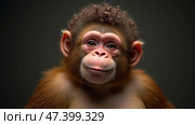 Curious Young Monkey With Curly Fur Gazes Warmly at the Camera in a Soft-Lit Studio Setting During an Indoor Session. Anthropomorphic ape. Стоковое AI-изображение, AI-художник Sergey Grishin / Фотобанк Лори
