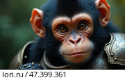 Cute Baby Chimpanzee Wearing Armor With a Thoughtful Expression in a Lush Green Environment. Anthropomorphic ape. Стоковое AI-изображение, AI-художник Sergey Grishin / Фотобанк Лори