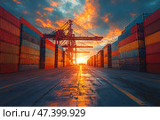 Морской порт. Открытая складская площадка для размещения и хранения контейнеров. Стоковое AI-изображение, AI-художник Щеголева Ольга / Фотобанк Лори