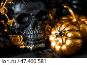 A mysterious black skull with golden roses and pumpkins for a Halloween or Day of the dead party on a black grunge background. Стоковое фото, фотограф Photojuli / Фотобанк Лори