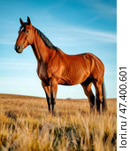 A horse among the grass in a meadow. 2026 is the year of the Horse according to the eastern calendar. Стоковое AI-изображение, AI-художник Сергей Елизарьев / Фотобанк Лори