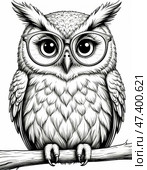 Wise owl. Educational children's coloring (black and white). White background, in the style of a coloring book, a drawing for children to color. Стоковое AI-изображение, AI-художник Сергей Елизарьев / Фотобанк Лори