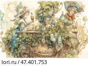 An exquisite watercolor illustration of three ladies in vintage dresses and hats, sitting on a balcony covered with thick leaves and ornamental plants. The atmosphere is filled with a light, ironic elegance - one woman examines a glass of drink, another leans on the railing, smiling dreamily, and the third pours something from a bottle with pleasure. The illustration is stylized as an 18th-19th century and is executed in a soft pastel palette, with rich detailing of fabrics, foliage and architectural elements. All this creates the impression of a living scene from an old novel or fairy tale. Стоковое AI-изображение, AI-художник Анна Кривицкая / Фотобанк Лори