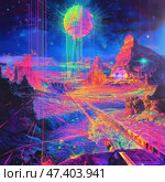A surreal alien landscape in bright neon colors. The central element is a giant sphere hovering over the landscape, emitting energy beams. The entire scene is painted in acidic shades of pink, blue, yellow and green. Around are mountains of unusual shapes, man-made structures, lines going into perspective, reminiscent of rails or energy flows. The atmosphere is cyberpunk with elements of science fiction and retrowave. The picture immerses you in a futuristic world where the boundaries between nature and technology are blurred. Стоковое AI-изображение, AI-художник Анна Кривицкая / Фотобанк Лори