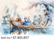 A watercolour fantasy illustration of aristocrats or fairy tale characters sailing on a carved boat on calm water. The boat is richly decorated, and the passengers are dressed in lush 18th century historical costumes, with wigs, feathers, hats and fans. Their outfits are detailed and executed in soft blue, cream and gold tones. In the background is a fairy tale forest, shrouded in mist, with curved trees and a mysterious atmosphere. The illustration is full of grace, theatricality and light irony, evoking associations with fantasy, opera or a fairy tale. Стоковое AI-изображение, AI-художник Анна Кривицкая / Фотобанк Лори
