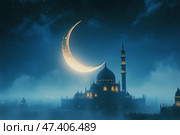Nightly View of a Grand Mosque Illuminated Under a Bright Crescent Moon. Стоковое AI-изображение, AI-художник Юлия Гапеенко / Фотобанк Лори